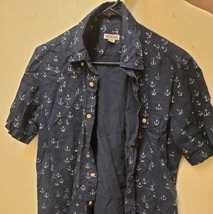 Anchor print blue button up